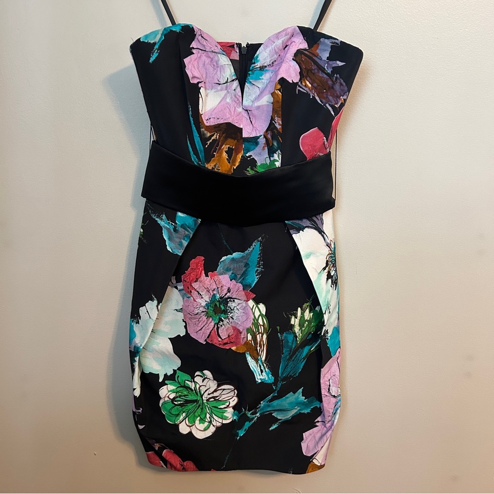 Milly Dress Exclusive Paper Floral Print Luxurious Tuck Black Strapless Cocktail - Picture 13 of 13